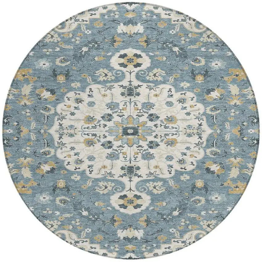 8' Ivory And Denim Blue Round Floral Medallion Washable Indoor Outdoor Area Rug Photo 3