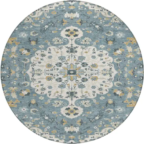 8' Ivory And Denim Blue Round Floral Medallion Washable Indoor Outdoor Area Rug Photo 1