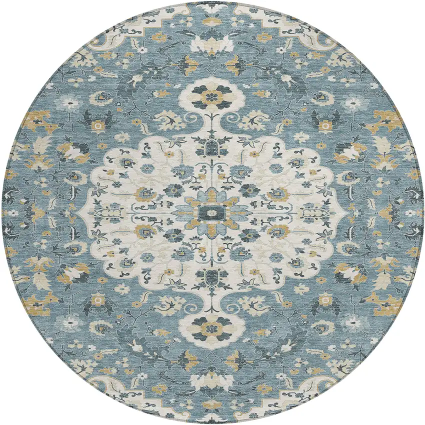 8' Ivory And Denim Blue Round Floral Medallion Washable Indoor Outdoor Area Rug Photo 1