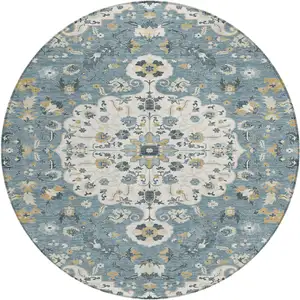 Photo of 8' Ivory And Denim Blue Round Floral Medallion Washable Indoor Outdoor Area Rug