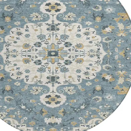 8' Ivory And Denim Blue Round Floral Medallion Washable Indoor Outdoor Area Rug Photo 2