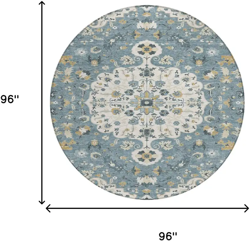 8' Ivory And Denim Blue Round Floral Medallion Washable Indoor Outdoor Area Rug Photo 8