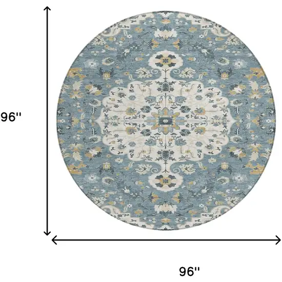 8' Ivory And Denim Blue Round Floral Medallion Washable Indoor Outdoor Area Rug Photo 8