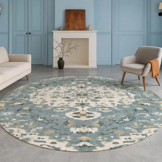 8' Ivory And Denim Blue Round Floral Medallion Washable Indoor Outdoor Area Rug Photo 5