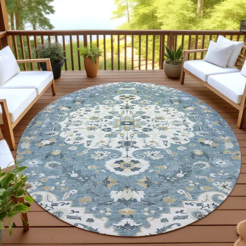 8' Ivory And Denim Blue Round Floral Medallion Washable Indoor Outdoor Area Rug Photo 4