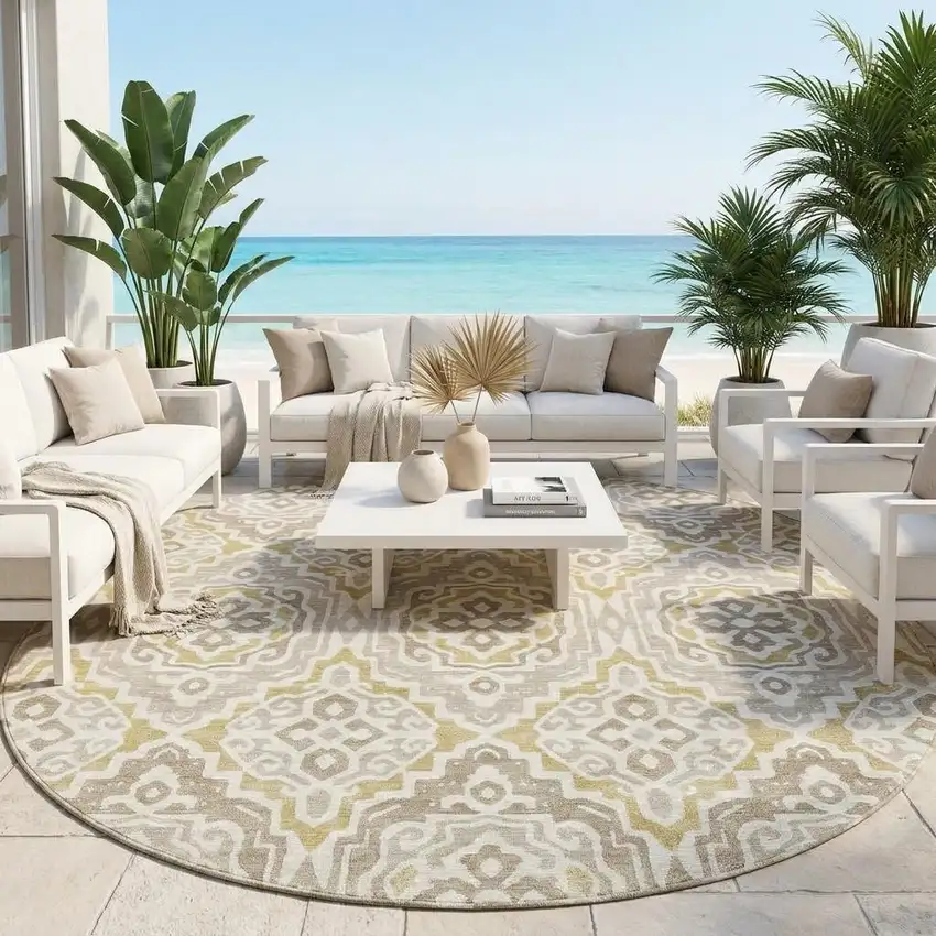 8' Ivory And Denim Blue Round Tribal Washable Indoor Outdoor Area Rug Photo 1
