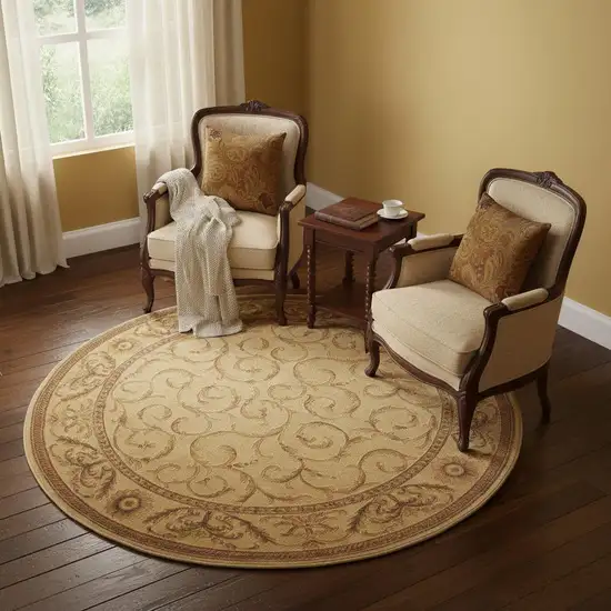 6' Ivory And Gold Floral Non Skid Round Rug Photo 1