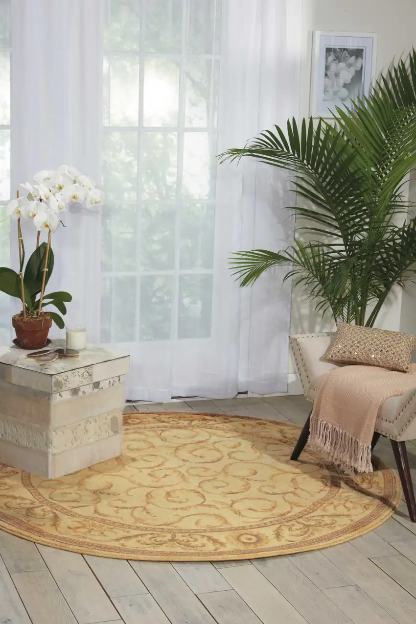 6' Ivory And Gold Floral Non Skid Round Rug Photo 5