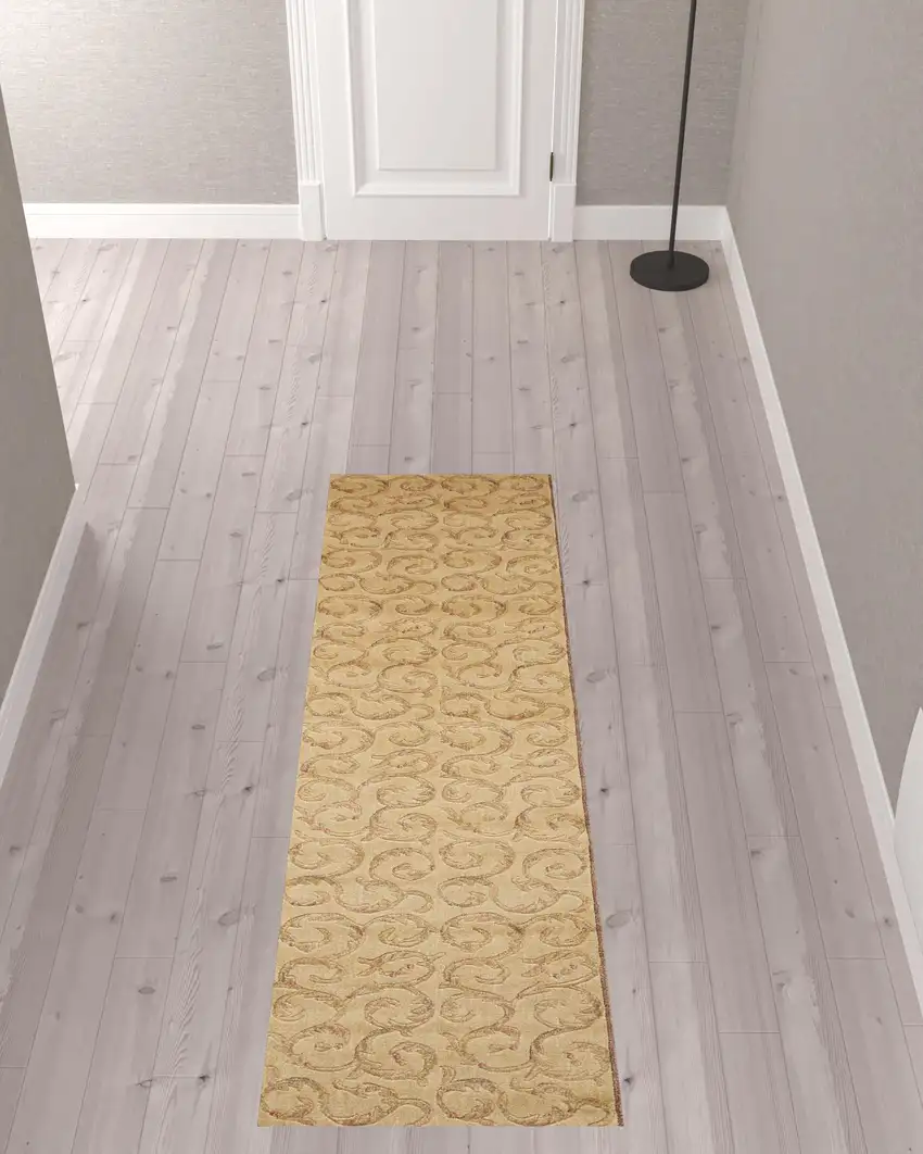 8' Ivory And Gold Floral Non Skid Runner Rug Photo 1