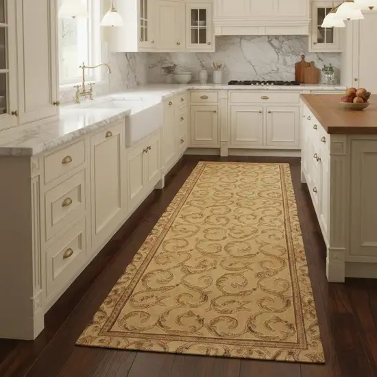8' Ivory And Gold Floral Non Skid Runner Rug Photo 1