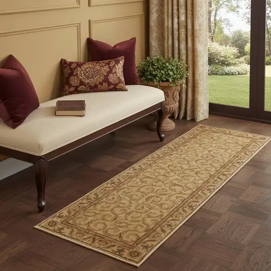 6' Ivory And Gold Floral Non Skid Runner Rug Photo 1