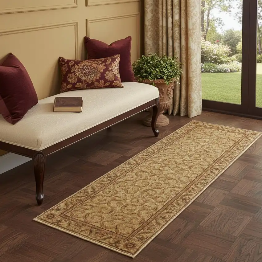 6' Ivory And Gold Floral Non Skid Runner Rug Photo 1