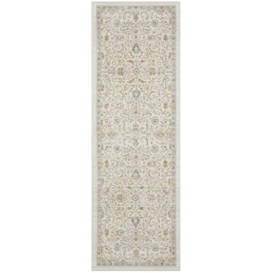 8' Ivory And Gold Floral Runner Rug Photo 2