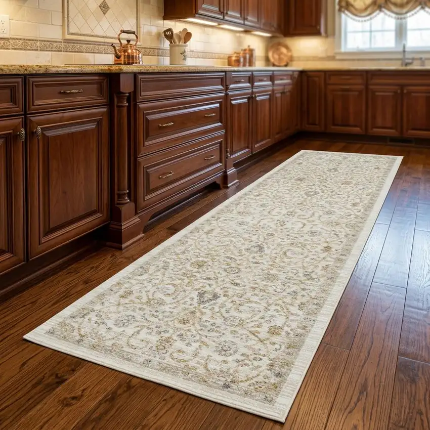 8' Ivory And Gold Floral Runner Rug Photo 1