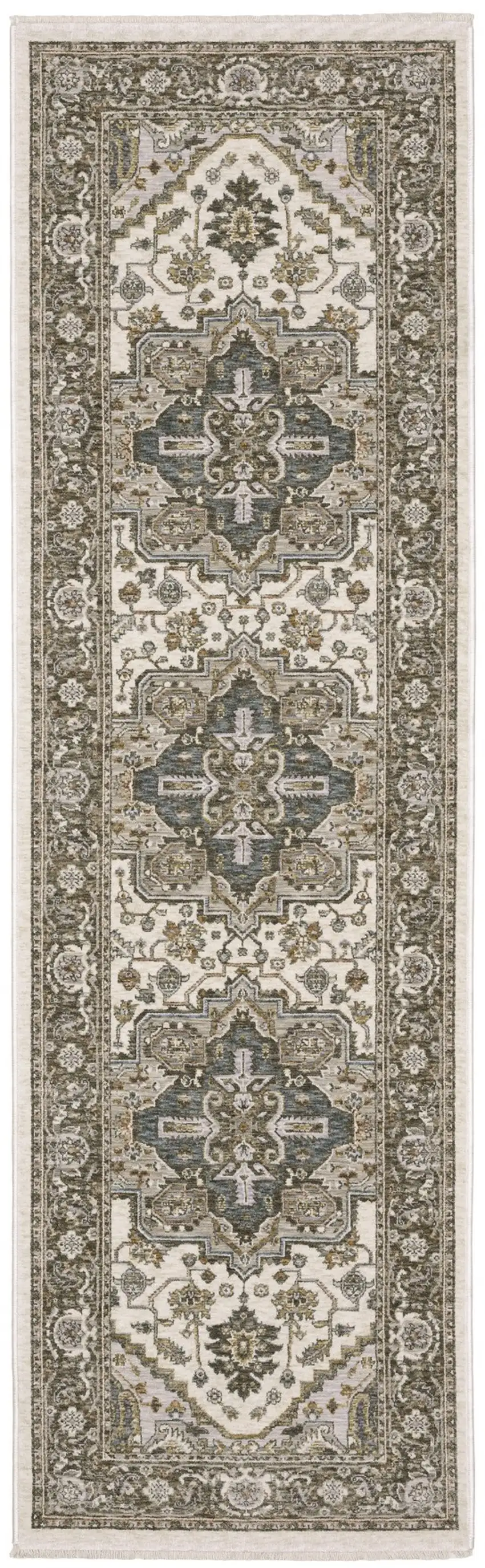 8' Ivory And Gold Medallion Runner Rug With Fringe Photo 2