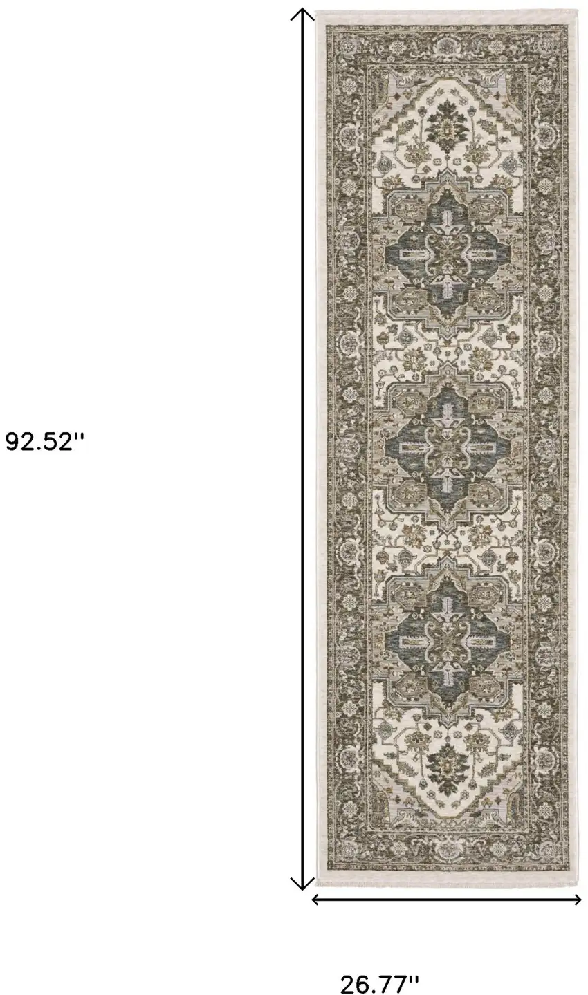 8' Ivory And Gold Medallion Runner Rug With Fringe Photo 3