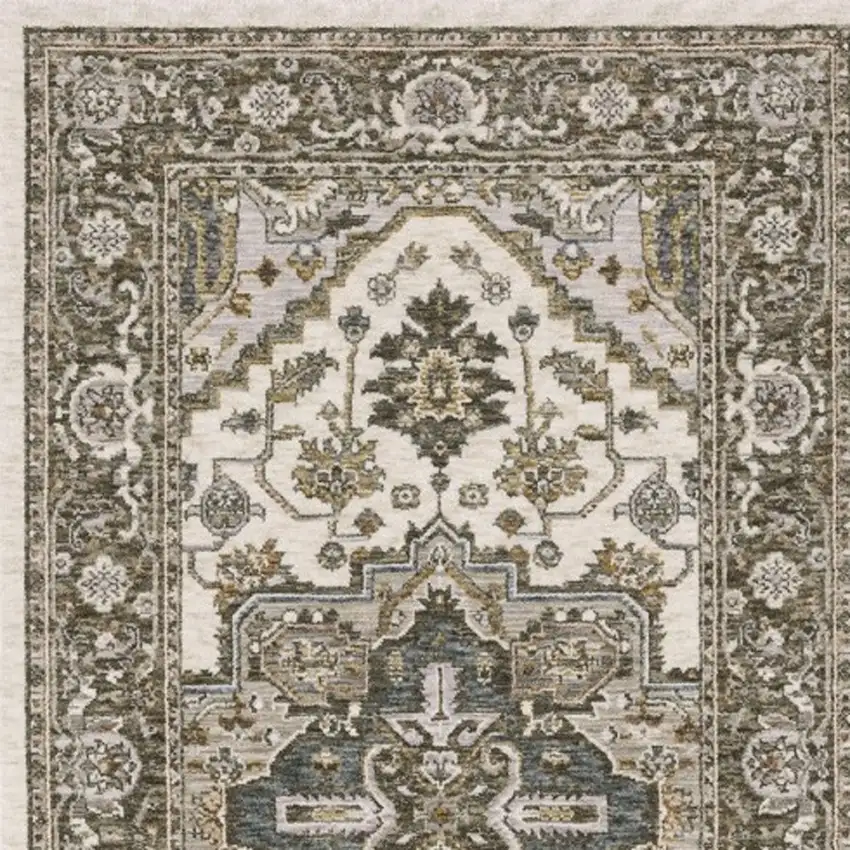 8' Ivory And Gold Medallion Runner Rug With Fringe Photo 7