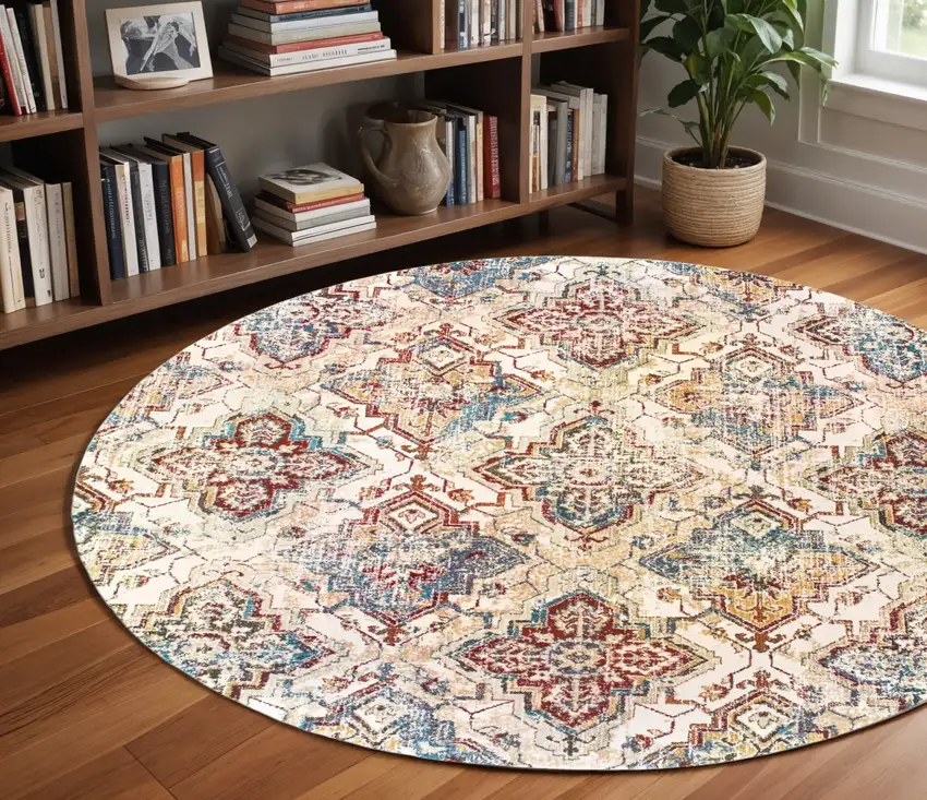 8' Ivory And Gold Oriental Round Rug Photo 1