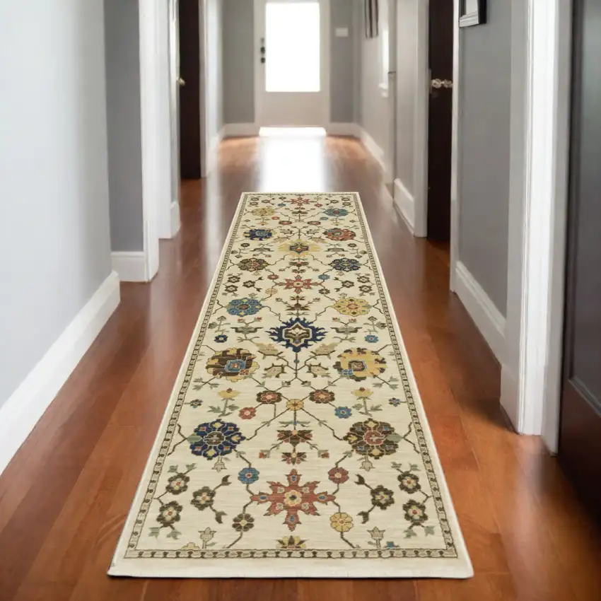 8' Ivory And Gold Oriental Runner Rug With Fringe Photo 1