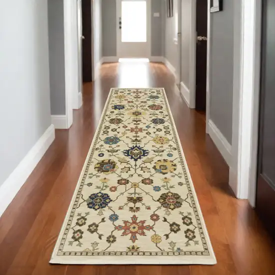 8' Ivory And Gold Oriental Runner Rug With Fringe Photo 1