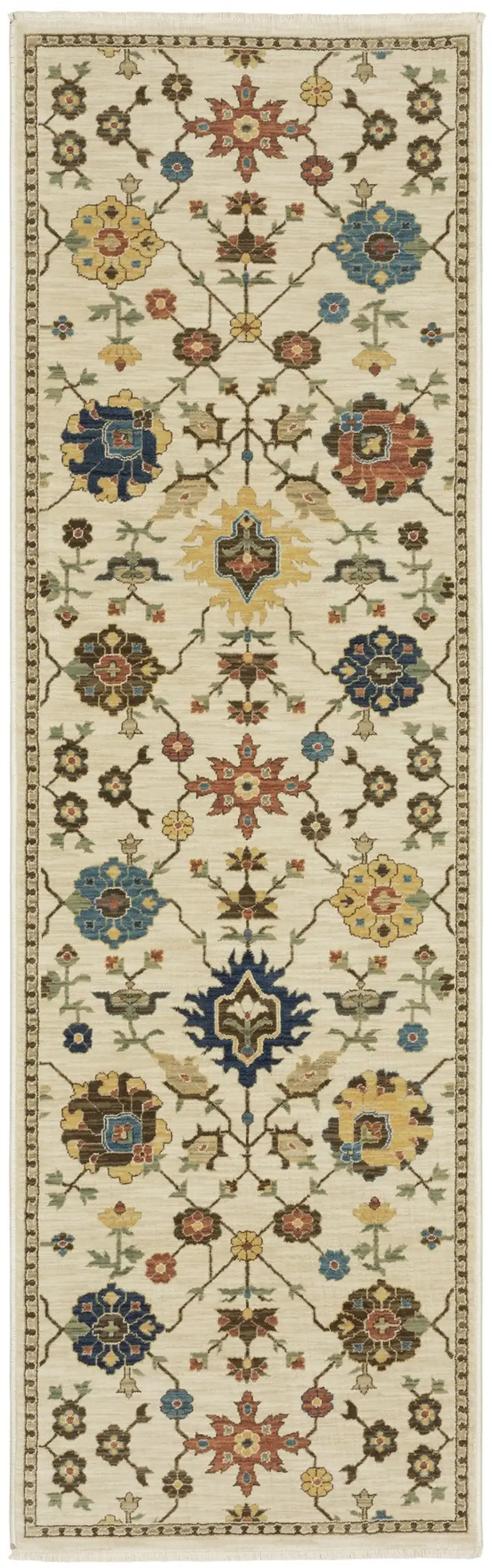 8' Ivory And Gold Oriental Runner Rug With Fringe Photo 2