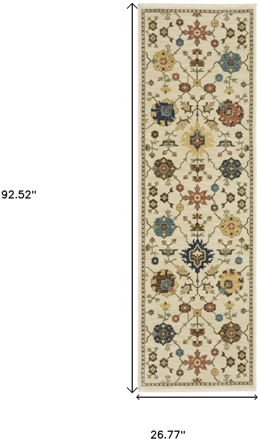 8' Ivory And Gold Oriental Runner Rug With Fringe Photo 3