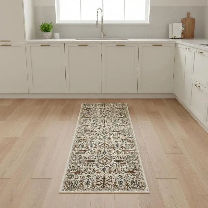 8' Ivory And Gold Oriental Runner Rug Photo 1