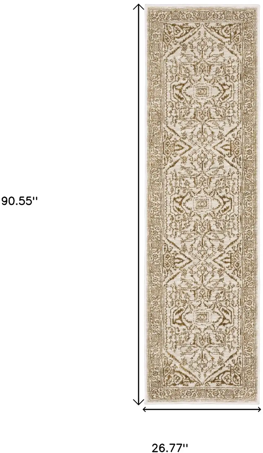 8' Ivory And Gold Oriental Runner Rug Photo 3