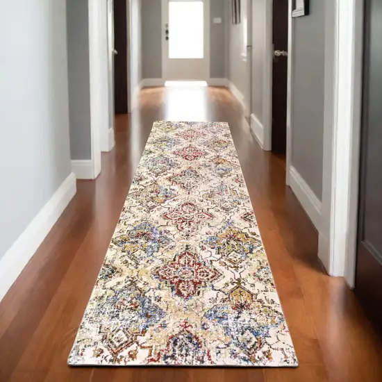 8' Ivory And Gold Oriental Runner Rug Photo 1