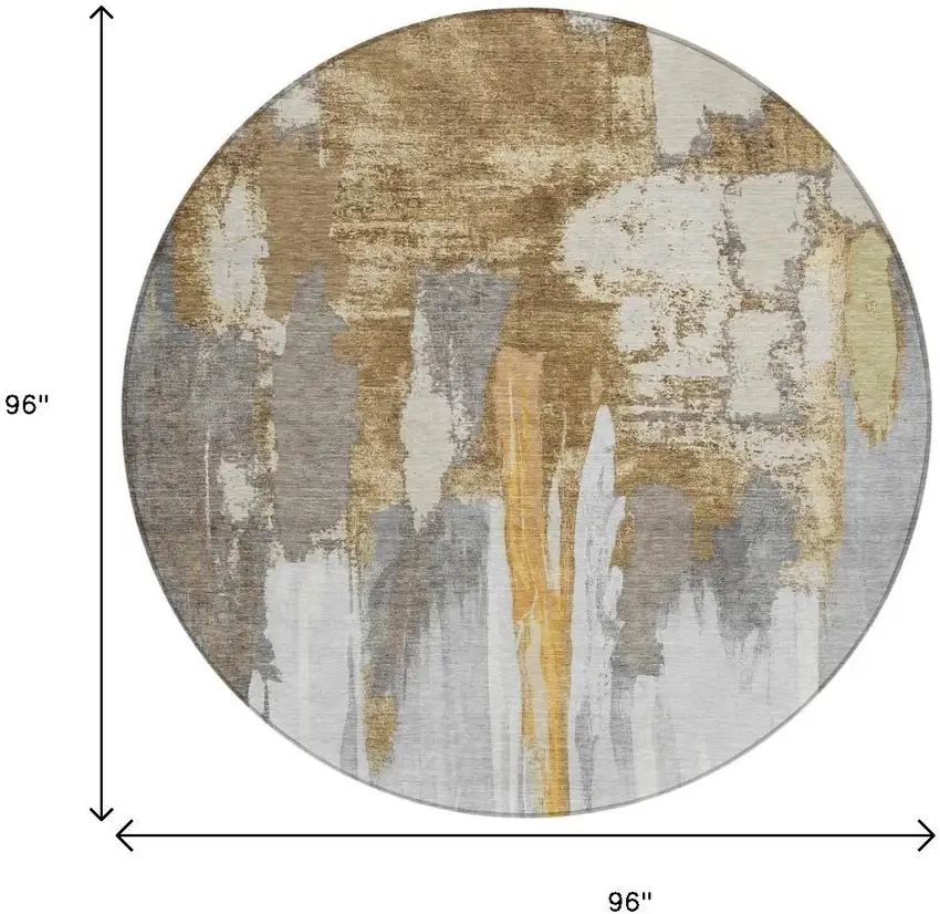 8' Ivory And Gold Round Abstract Washable Indoor Outdoor Area Rug Photo 8