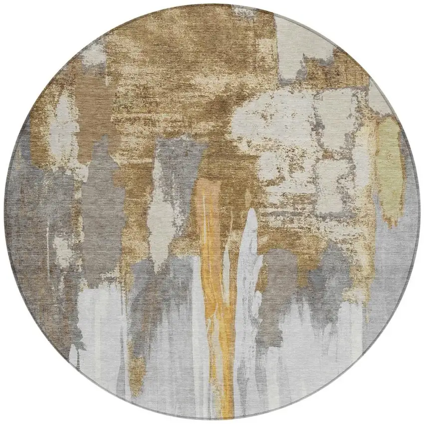 8' Ivory And Gold Round Abstract Washable Indoor Outdoor Area Rug Photo 3