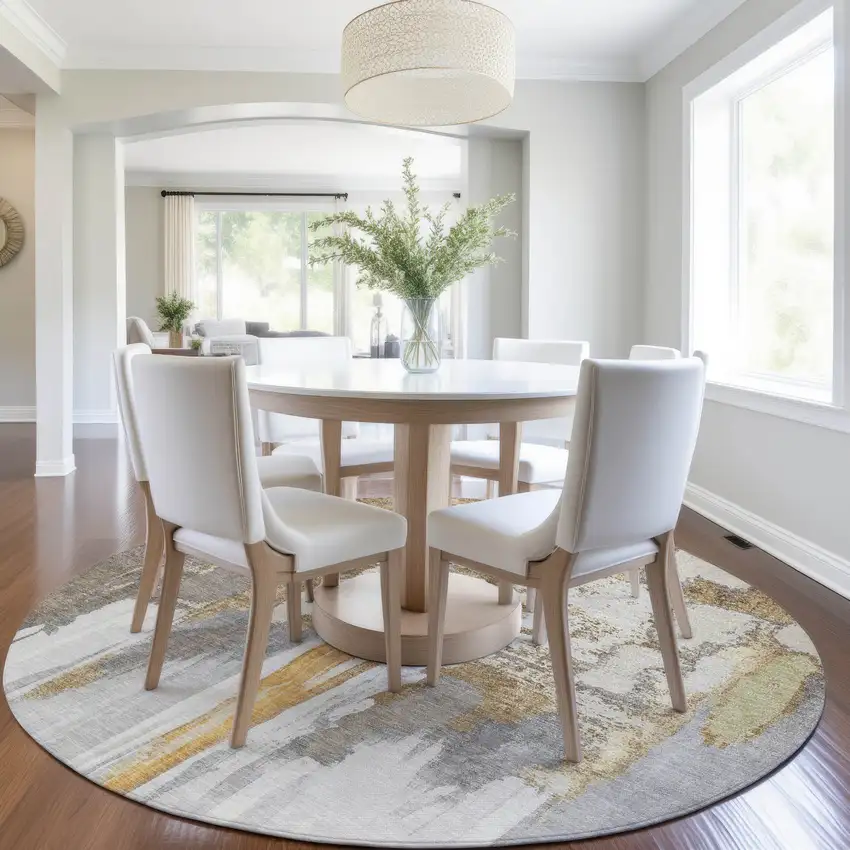 8' Ivory And Gold Round Abstract Washable Indoor Outdoor Area Rug Photo 5