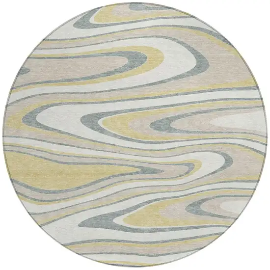 8' Ivory And Gold Round Abstract Washable Indoor Outdoor Area Rug Photo 4