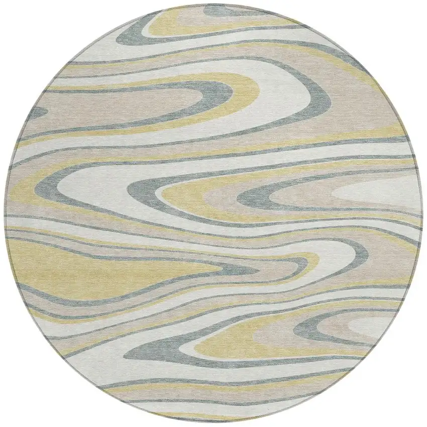 8' Ivory And Gold Round Abstract Washable Indoor Outdoor Area Rug Photo 4