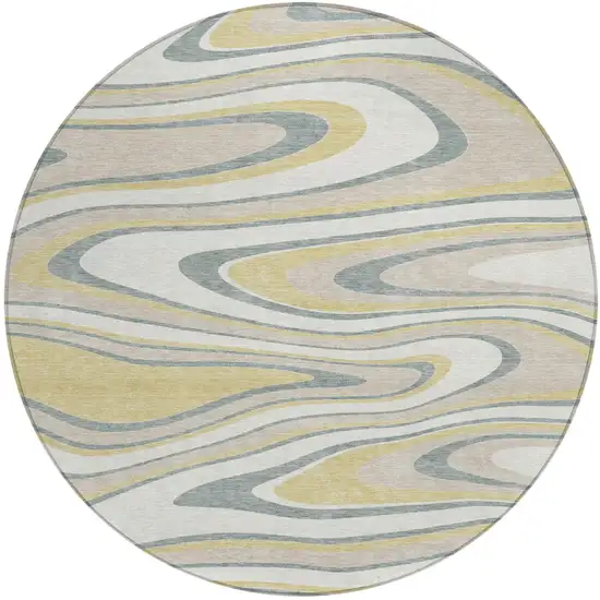 8' Ivory And Gold Round Abstract Washable Indoor Outdoor Area Rug Photo 2