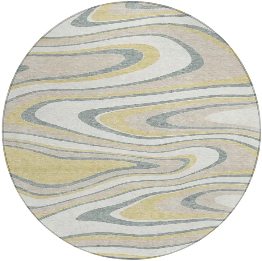 8' Ivory And Gold Round Abstract Washable Indoor Outdoor Area Rug Photo 2