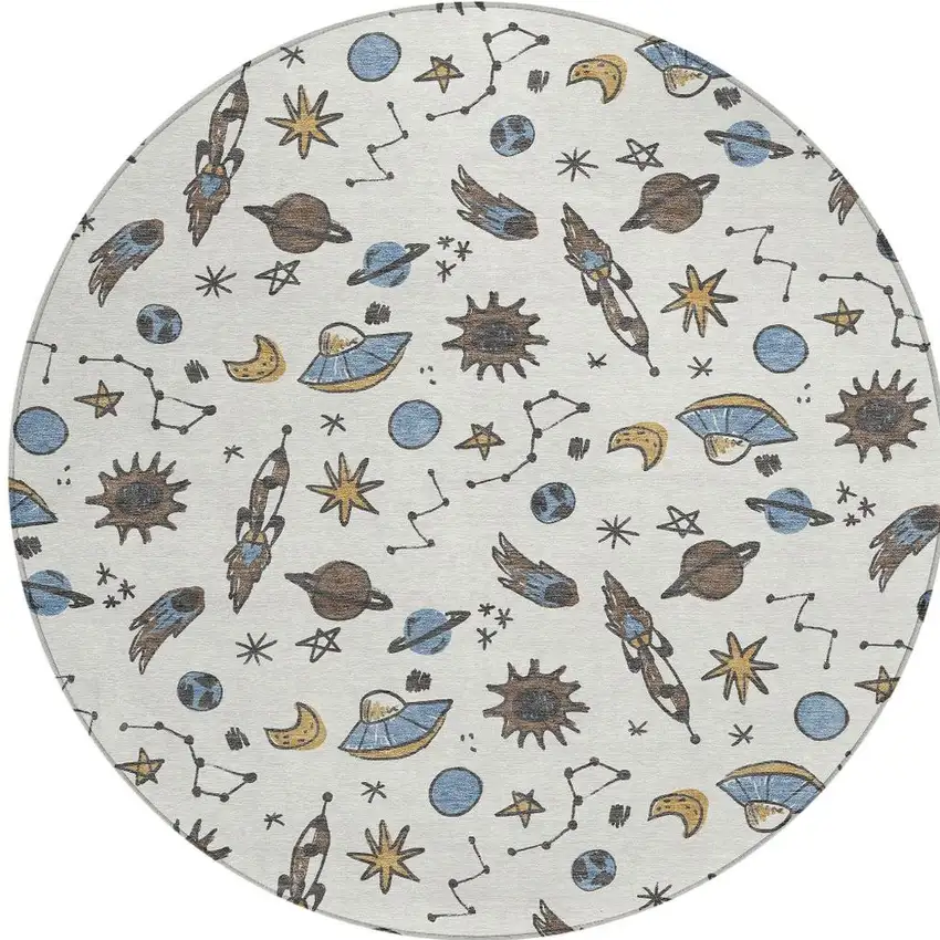 8' Ivory And Gold Round Animal Print Washable Indoor Outdoor Area Rug Photo 3
