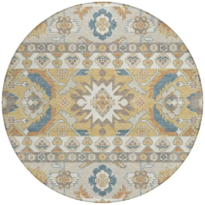 8' Ivory And Gold Round Cactus Washable Indoor Outdoor Area Rug Photo 3