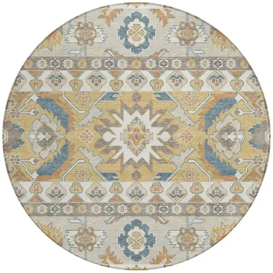 8' Ivory And Gold Round Cactus Washable Indoor Outdoor Area Rug Photo 3