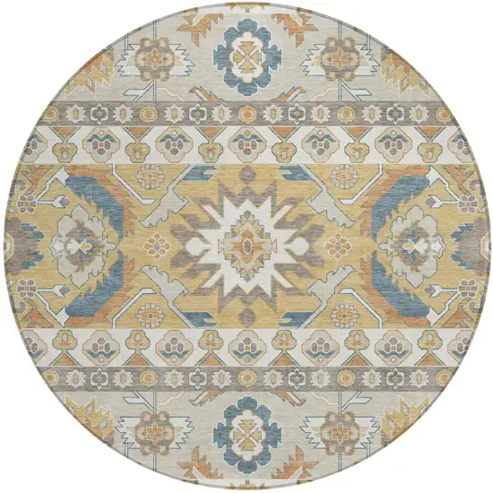 8' Ivory And Gold Round Cactus Washable Indoor Outdoor Area Rug Photo 1