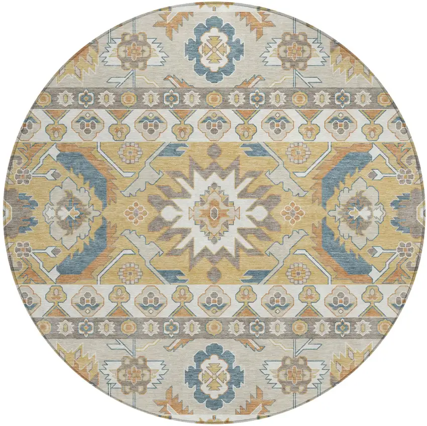 8' Ivory And Gold Round Cactus Washable Indoor Outdoor Area Rug Photo 1