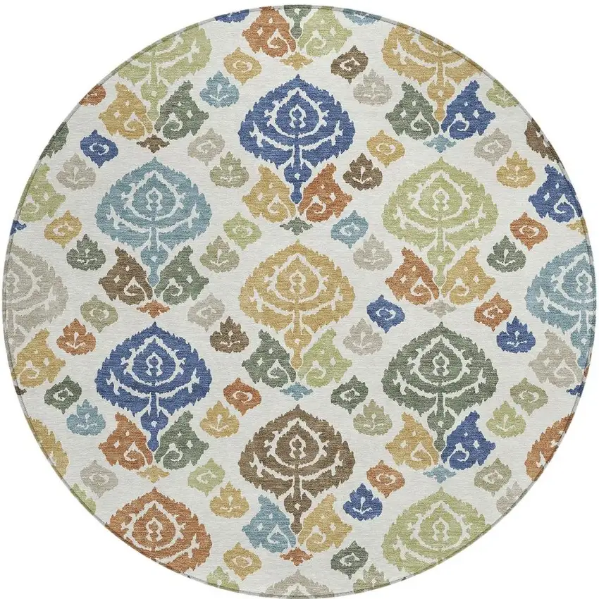 8' Ivory And Gold Round Damask Washable Indoor Outdoor Area Rug Photo 2