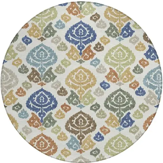 8' Ivory And Gold Round Damask Washable Indoor Outdoor Area Rug Photo 2