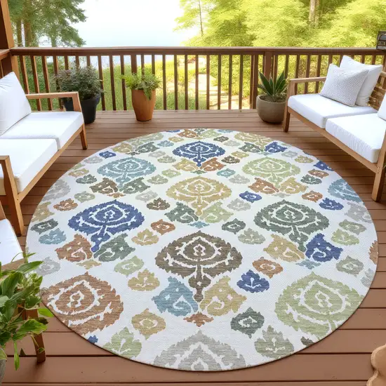 8' Ivory And Gold Round Damask Washable Indoor Outdoor Area Rug Photo 4