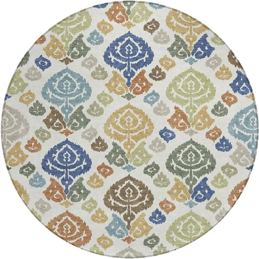 8' Ivory And Gold Round Damask Washable Indoor Outdoor Area Rug Photo 1