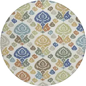 Photo of 8' Ivory And Gold Round Damask Washable Indoor Outdoor Area Rug