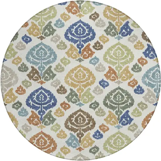8' Ivory And Gold Round Damask Washable Indoor Outdoor Area Rug Photo 1