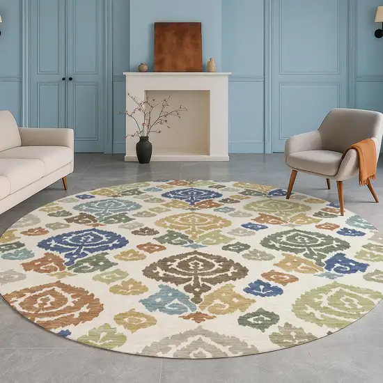 8' Ivory And Gold Round Damask Washable Indoor Outdoor Area Rug Photo 5