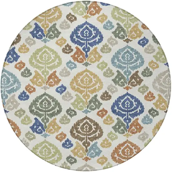 8' Ivory And Gold Round Damask Washable Indoor Outdoor Area Rug Photo 3