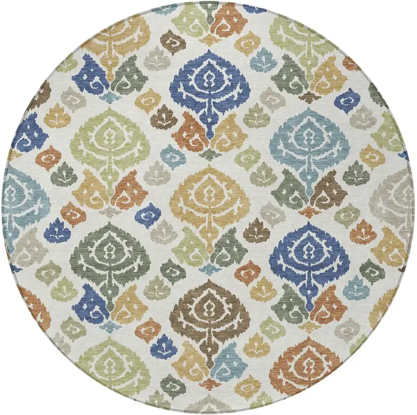 8' Ivory And Gold Round Damask Washable Indoor Outdoor Area Rug Photo 3
